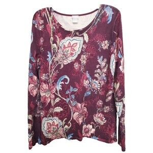 Chico's Maroon Floral Paisley Long Sleeve Lightweight Pullover Sweater Size 1(M)